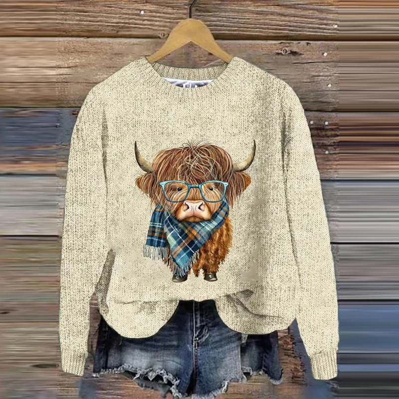 Wearing Glasses Highland Cow Pattern Knit Cozy Sweater