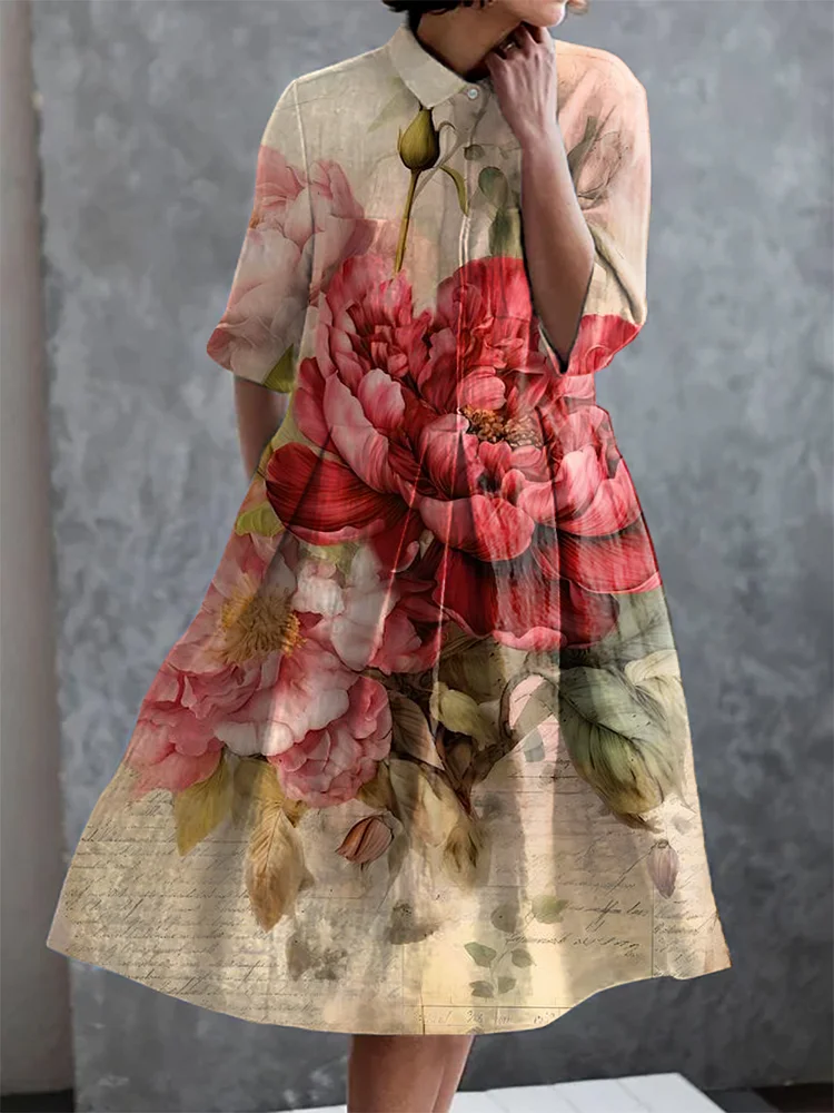 Vintage Floral Print Casual Elegant Pocket Half Sleeve Dress