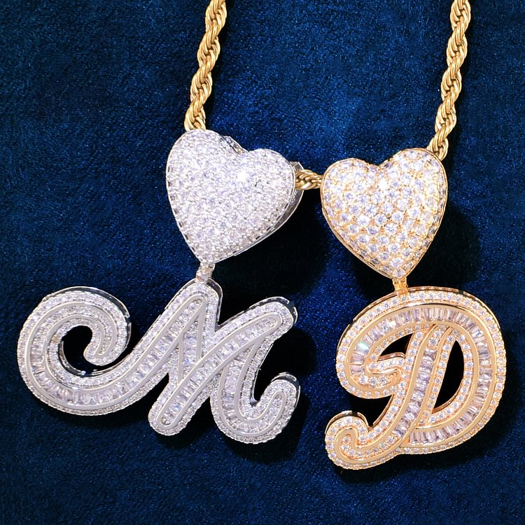 Baguette Cursive 26 Letters With Heart Bail Pendant Initial Necklace Jewelry