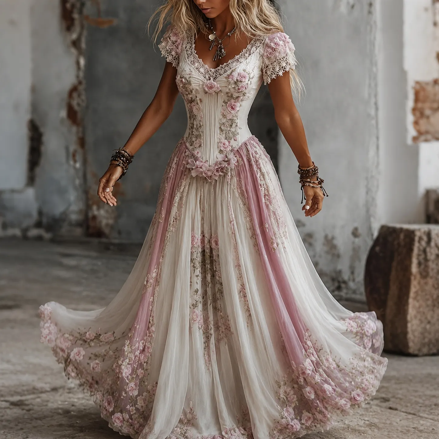 Comstylish Women's Bohemia Floral Embroidered Gradient Art Flowy Maxi Dress