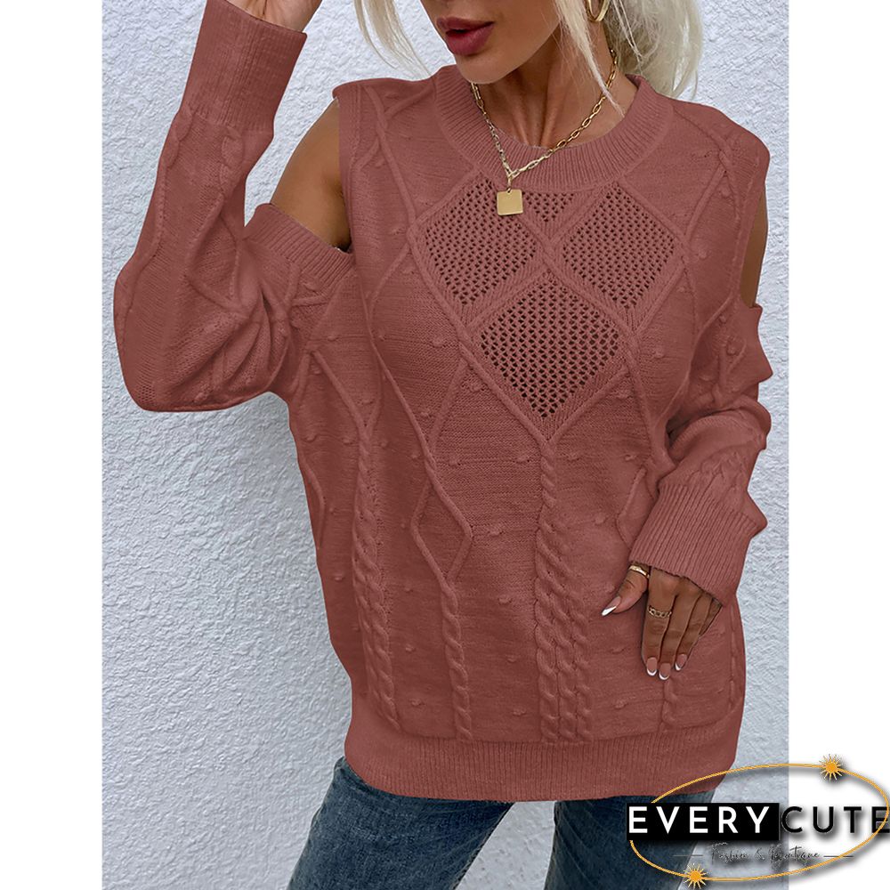 Light Brown Hollow Out Knitted Cold Shoulder Sweater