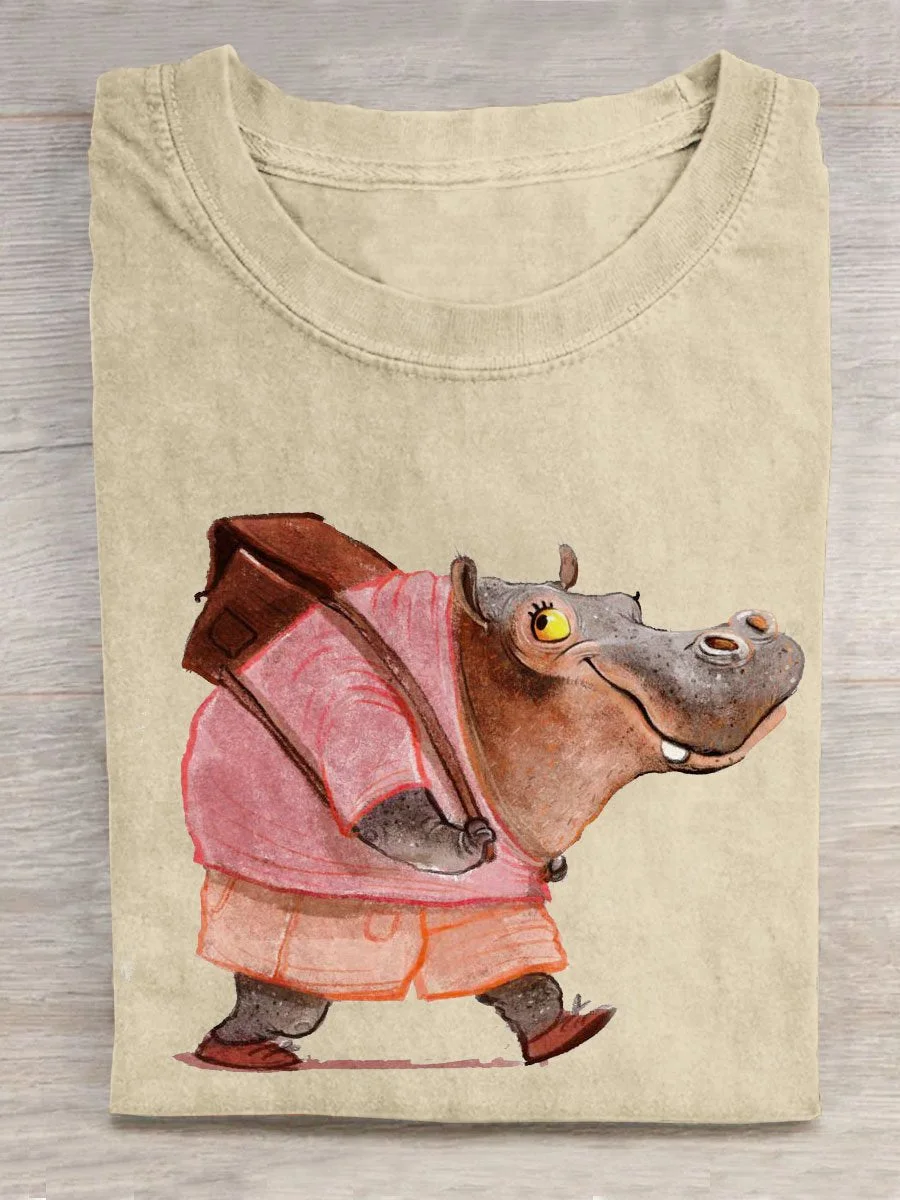 Cute Hippo Art Pattern Print Casual T-shirt
