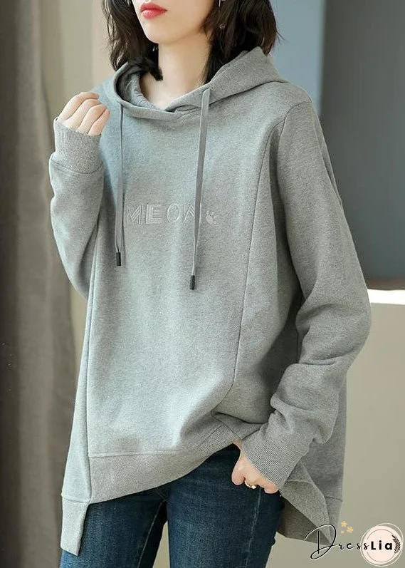 Simple Grey Asymmetrical Graphic Print Drawstring Cotton Sweatshirt Long Sleeve