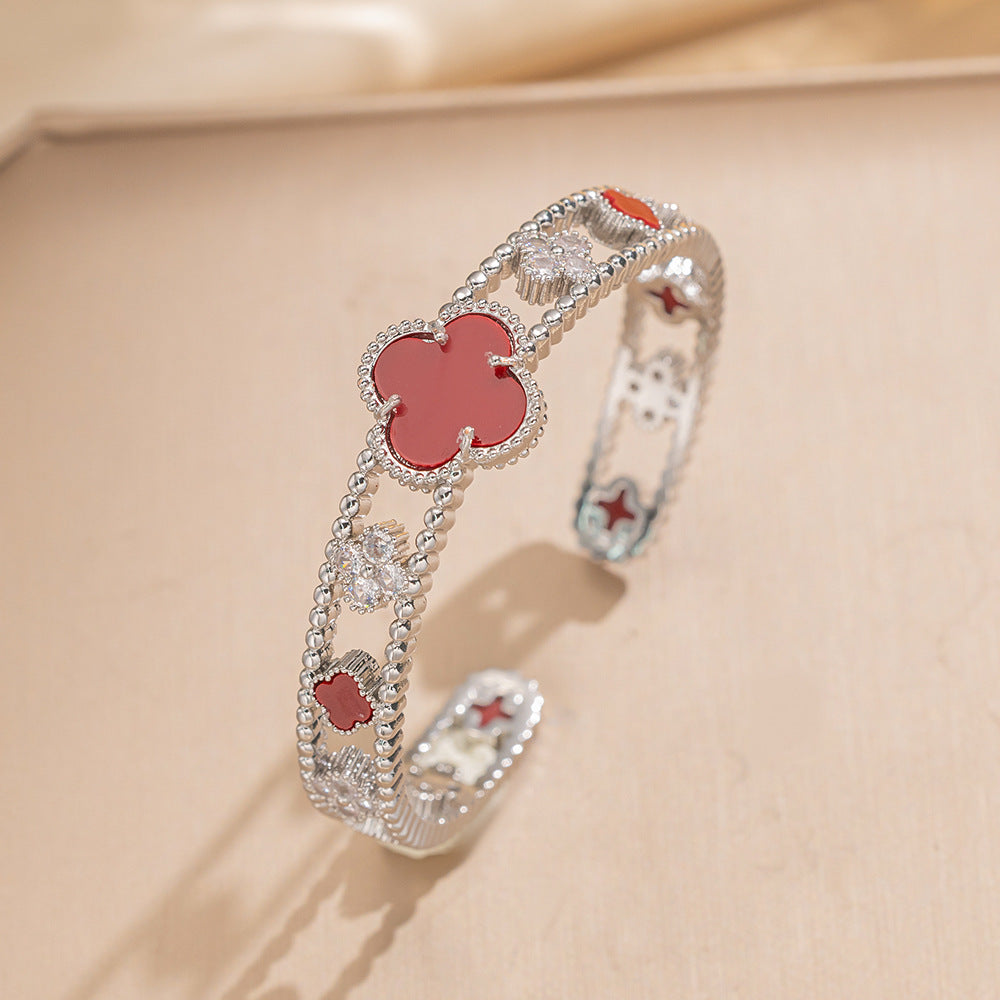 Personalized Trendy Micro-Inlaid Zircon Mother-Of-Pearl Flower Hollow Open Bracelet Versatile Women