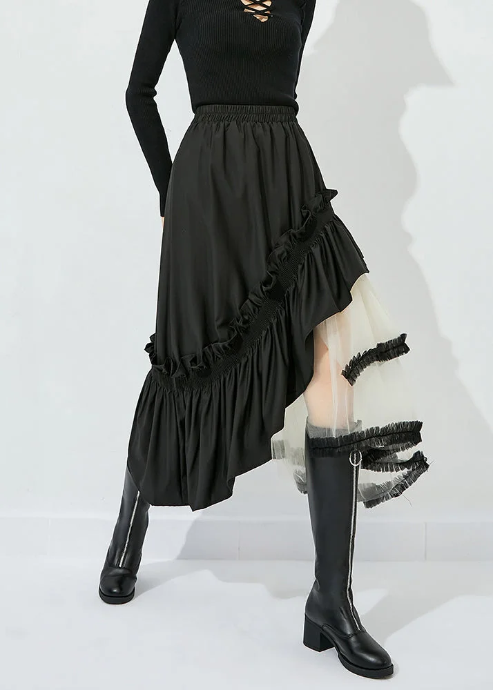 4.29Style Black Asymmetrical Design Tulle Patchwork Ruffled Cotton Skirts Summer