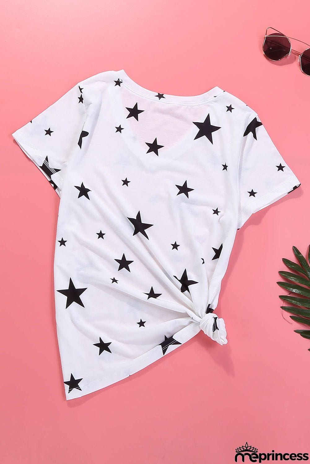 V Neck Stars Print Gray T-shirt
