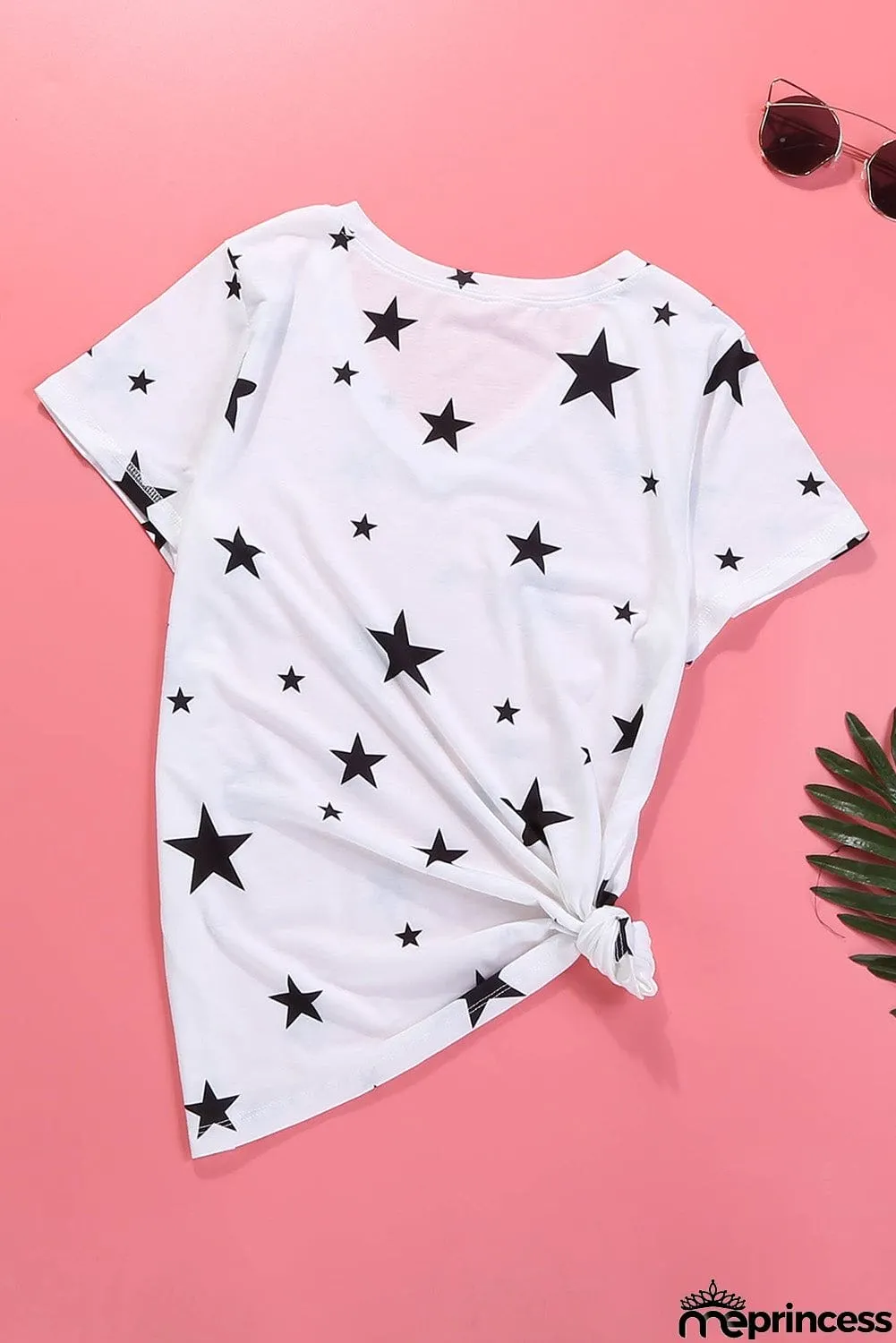 V Neck Stars Print Gray T-shirt