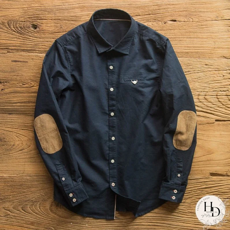 Elbow Patch Long Sleeve Shirt Men's Lapel Retro