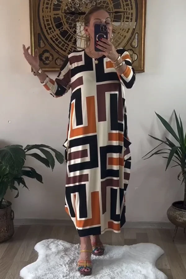 Geo Print Stylish Elegant Loose Dress With Pocket Crew Neck Long Sleeve Dress