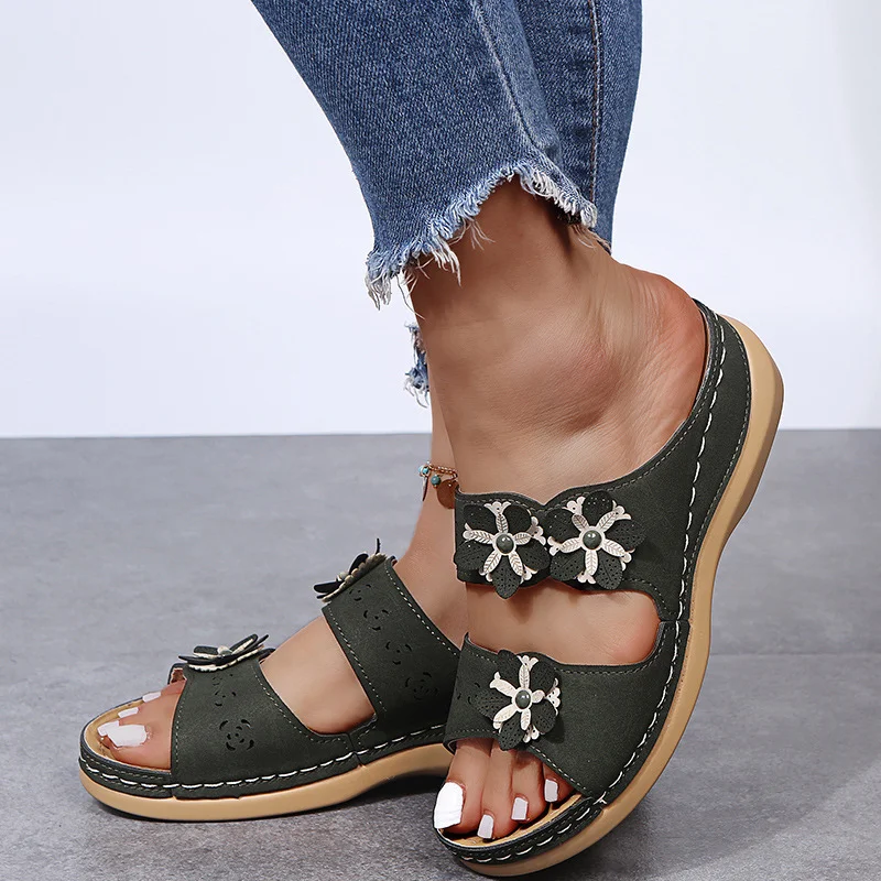 Qengg Summer New Flower Car Sewing Solid Light Mouth Round Head Casual Fashion Lady Flat Sandals