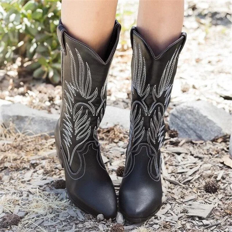 Western Cowboy Womans Boots for Women Pointy Toe Cowgirl Boots Square Heels Knee High Boots Retro Women Shoes Black Botas Mujer