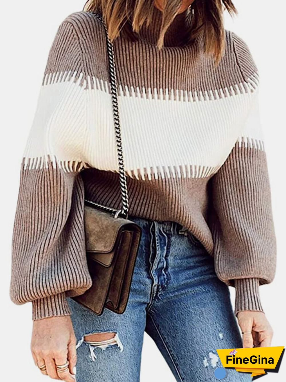 Contrast Color Lantern Sleeve O-neck Sweater For Women