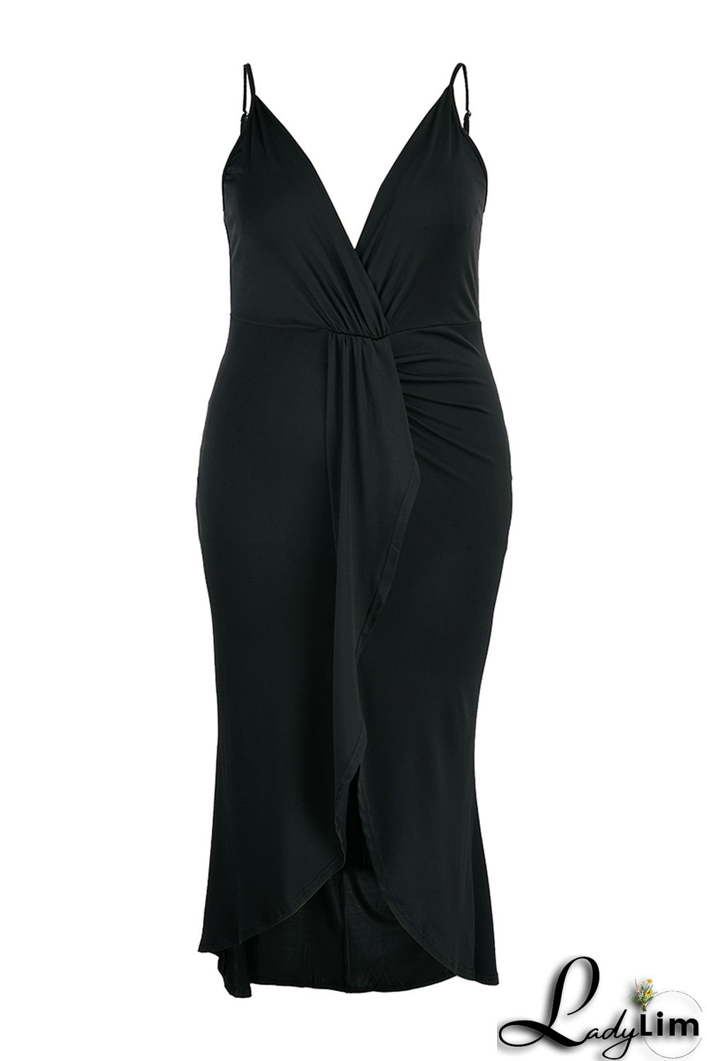 Black Fashion Sexy Plus Size Solid Patchwork V Neck Sling Dress