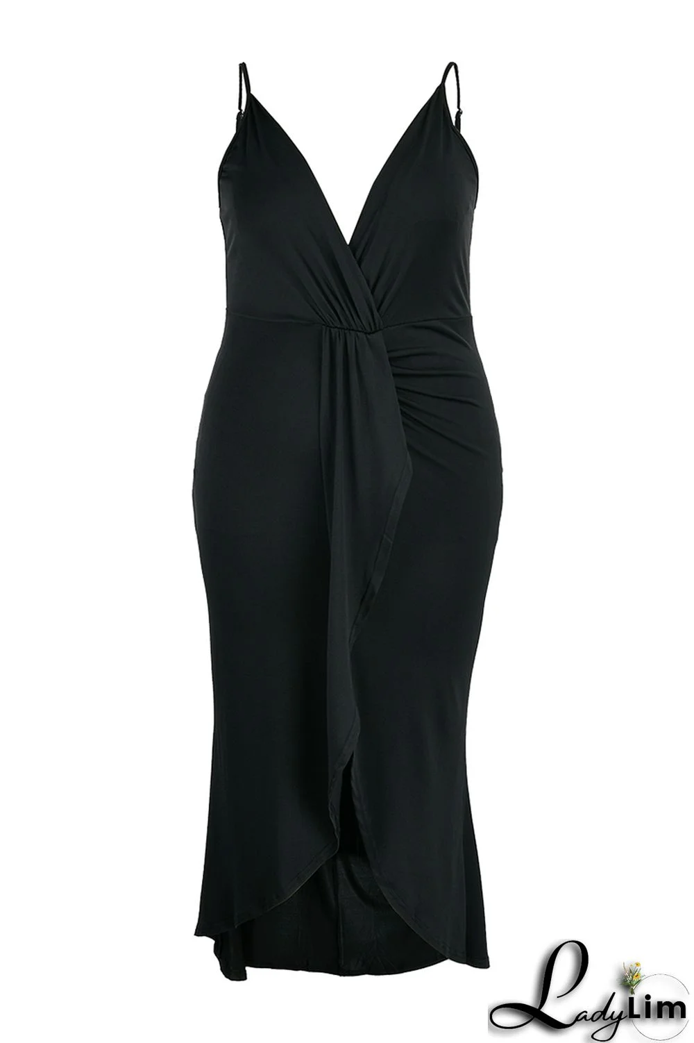 Black Fashion Sexy Plus Size Solid Patchwork V Neck Sling Dress