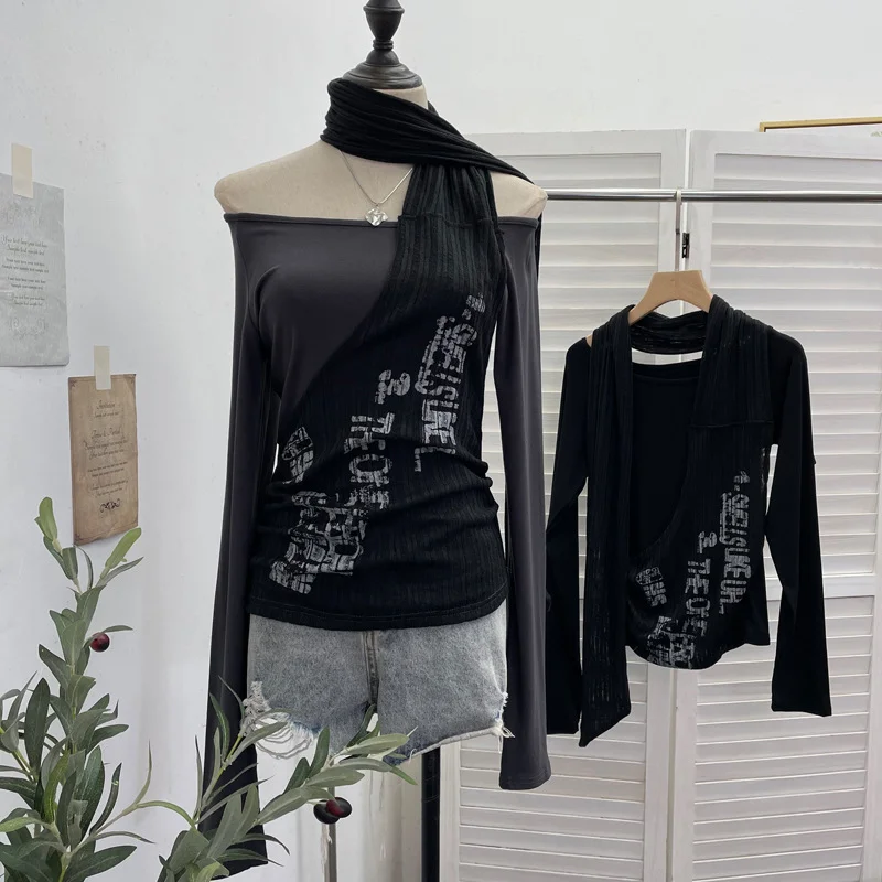 Nigikala Nigikala Hottie Side Hanging Neck Scarf Print Knitted Top Design Embody T-Shirt 2786