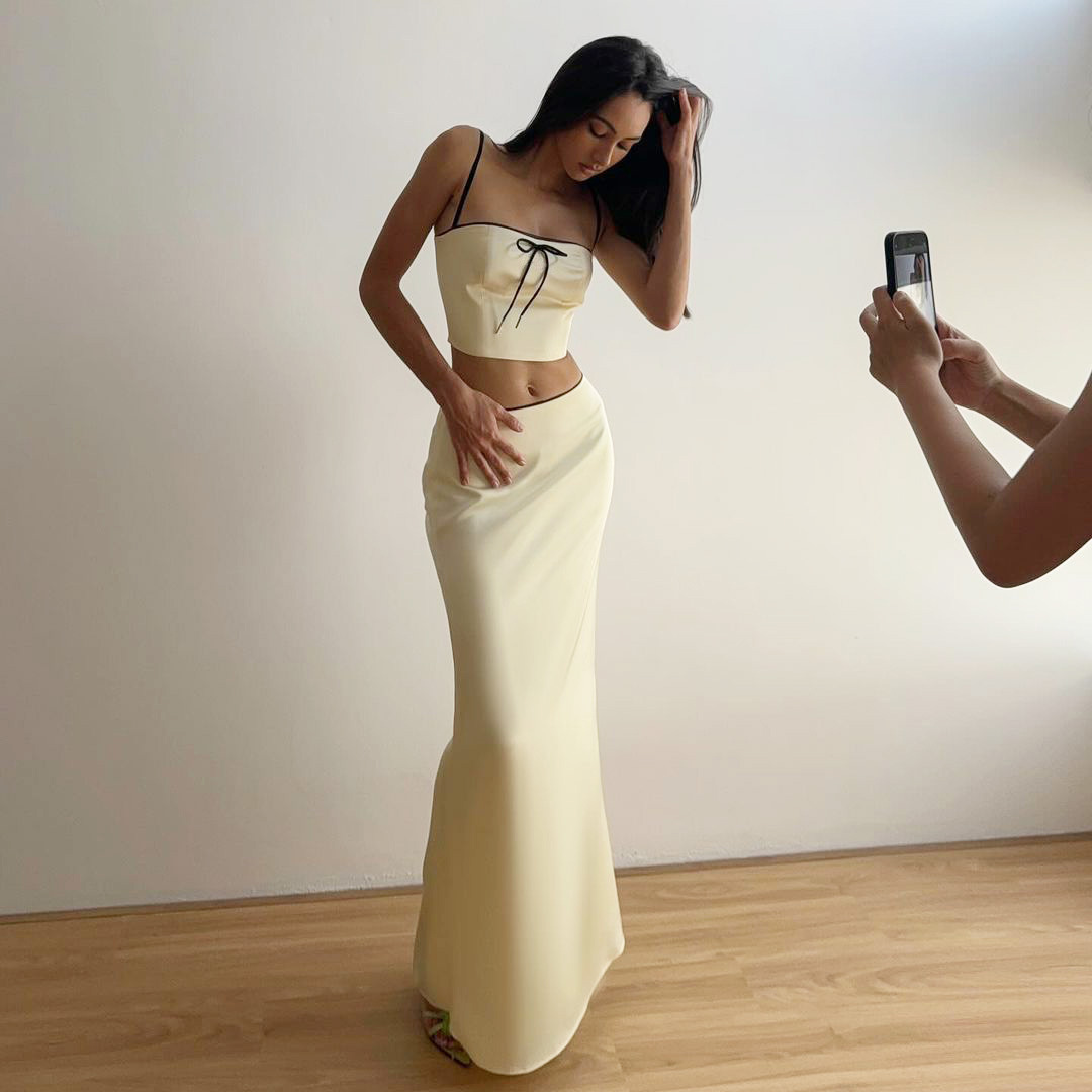 Ootddress Women's Solid Color Slim Fit With Exposed Navel Set Suspender Vest High Waisted Skirt Lady New Fashion Party Clothing 2025