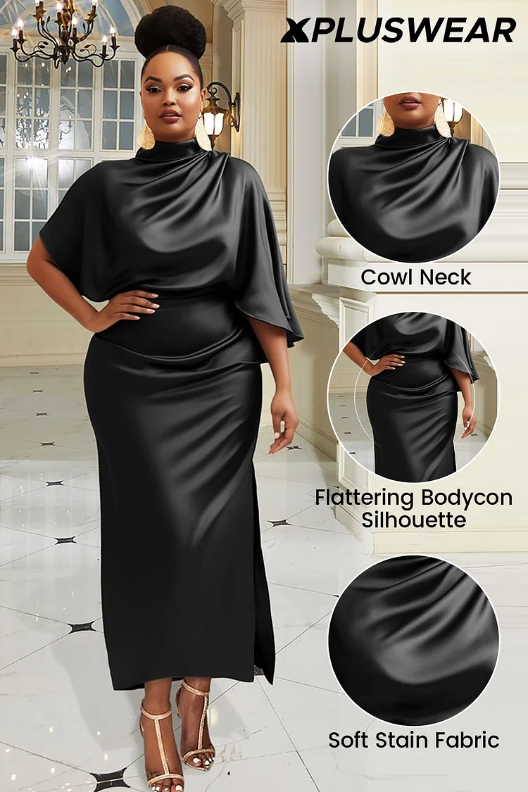 Xpluswear Design Plus Size Cocktail Party Black Cowl Neck Half Sleeve Split Satin Maxi Dresses [Pre-Order]