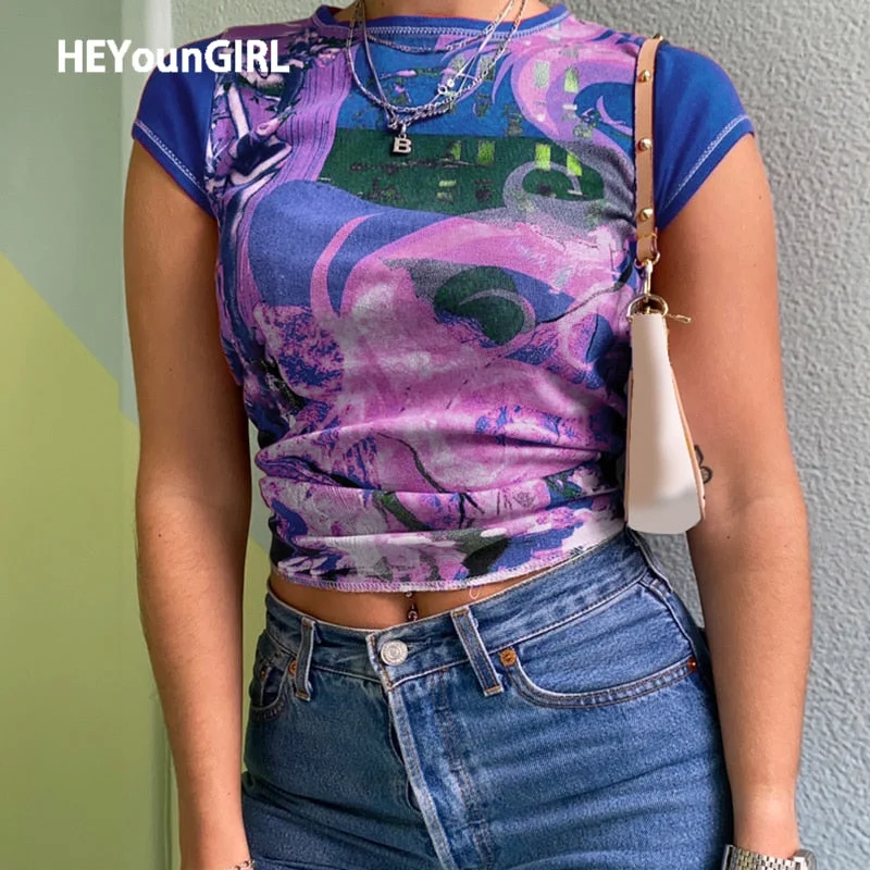 HEYounGIRL Printed Harajuku Short Sleeve Crop Top T Shirt Fashion Summer Hip Hop Basic T-shirt Women Casual  90s Streetwear