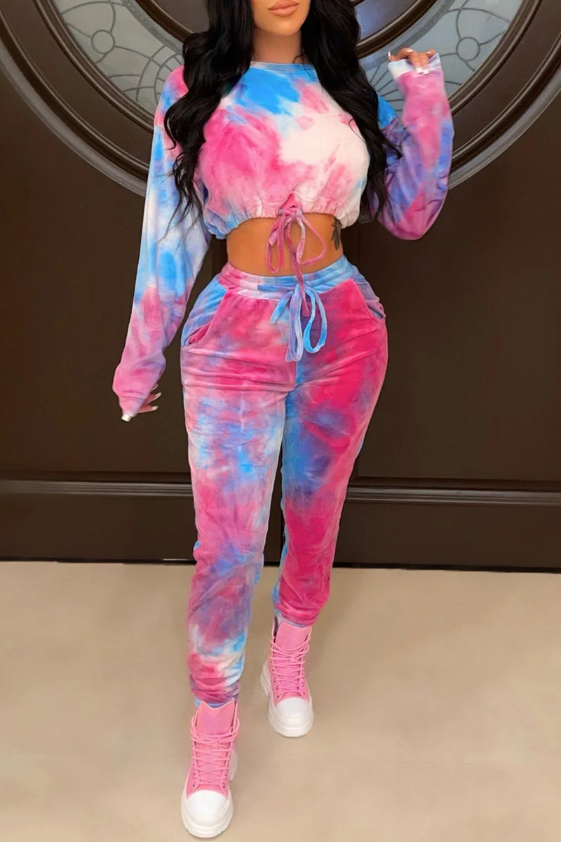 Fashion Casual Gradual Change Tie Dye Draw String O Neck Long Sleeve Two Pieces