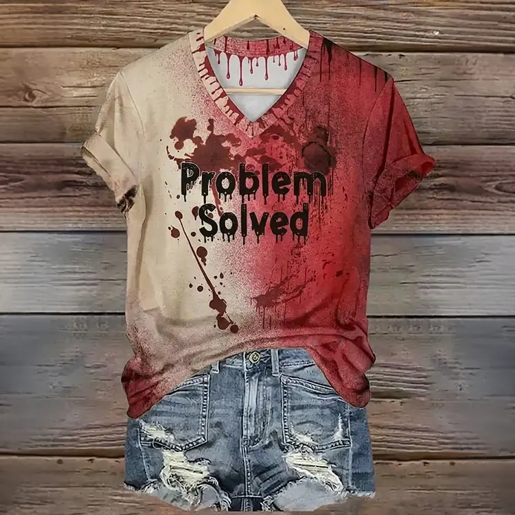 Women's Vintage Bloody Problem Solved Halloween Art Printed Short Sleeve T-shirt