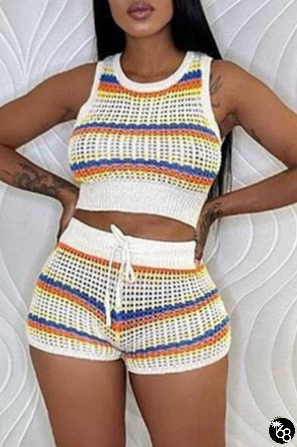 White Casual Patchwork Contrast O Neck Sleeveless Two Pieces | 168DEAL