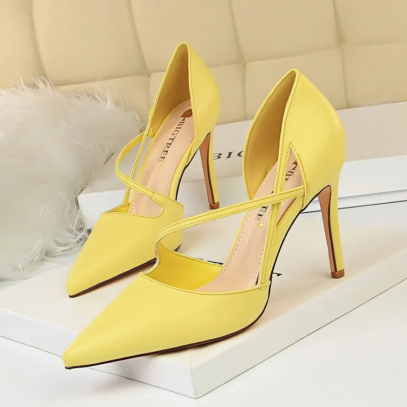 2019 New Summer Luxury Woman Fetish Yellow High Heels Female Classic Strap Blue Sandals Pink Pumps Lady Sexy Shoes 830-1