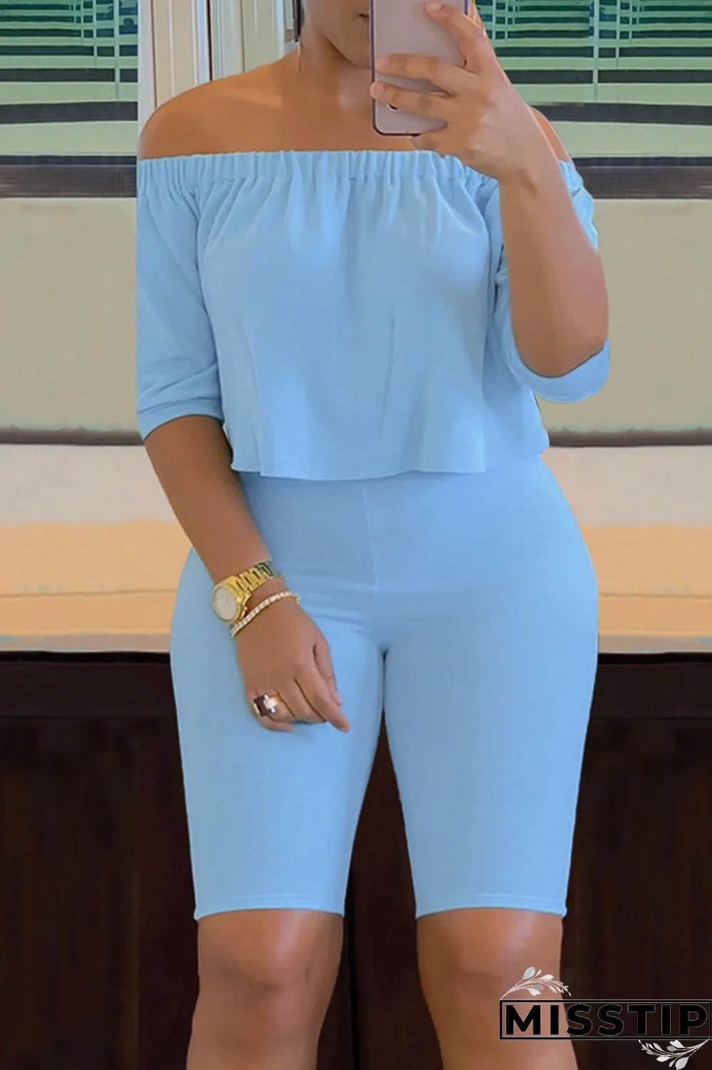 Pink Casual Solid Patchwork Off the Shoulder Three Quarter Two Pieces