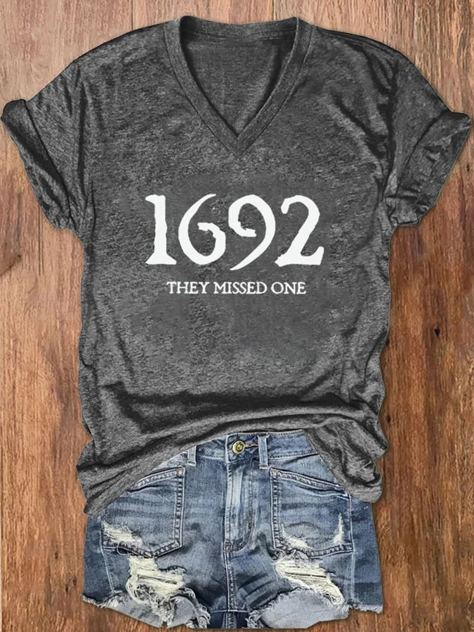 Women's 1692 They Missed One Salem Witch Print V-Neck T-Shirt socialshop