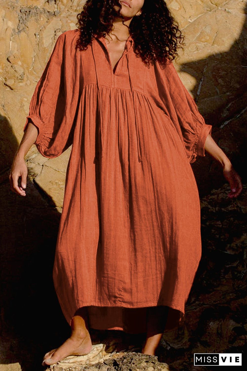 Casual Daily Solid Fold O Neck Pleated Dresses