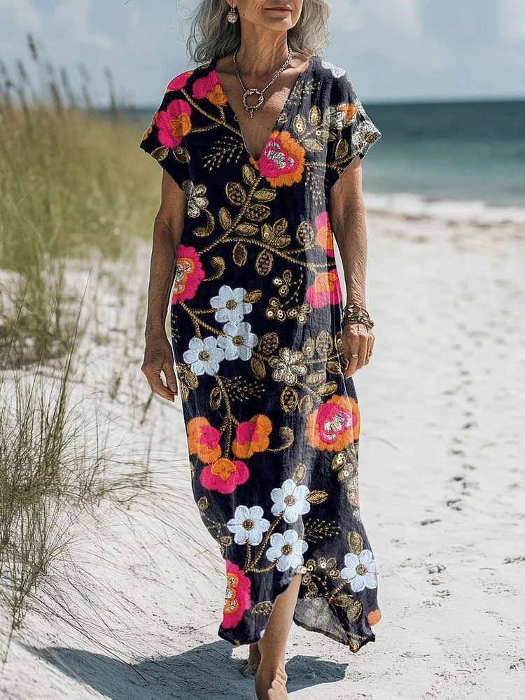 Women's  Floral  Art Print Pocket Cotton Dress