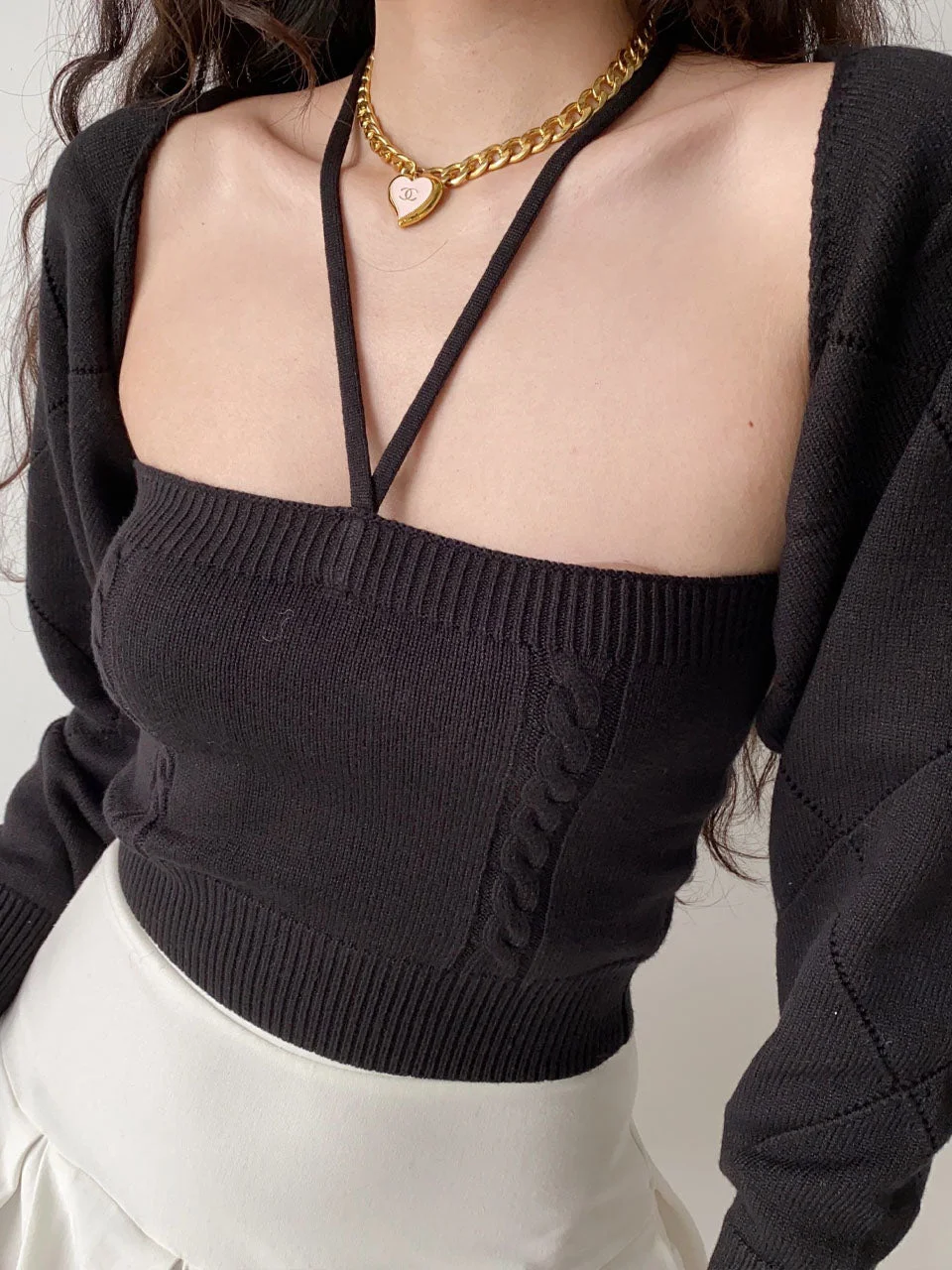 Christmas gifts Women Long Sleeve Knitted Sweaters Cardigan Autumn Tops Korean Chic Sweet Sexy Solid Halter Sling Short Shawl Camisole Suit