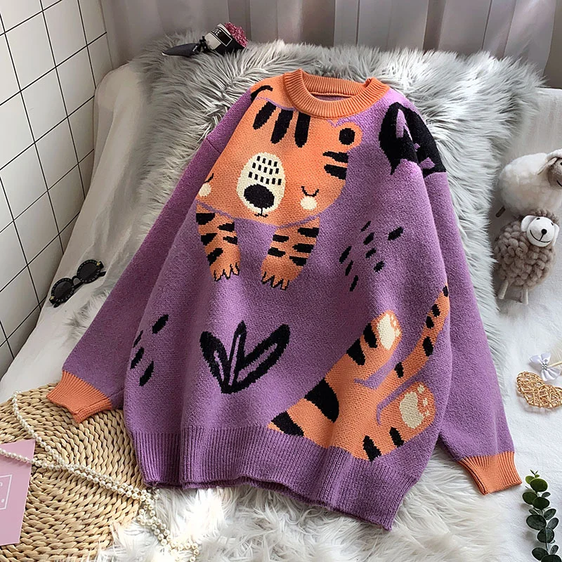 Brownm Women Kawaii Sweater Oversized Knitted Thicken Pullovers Cartoon Outwear Mujer Loose Casual Ladies Tops
