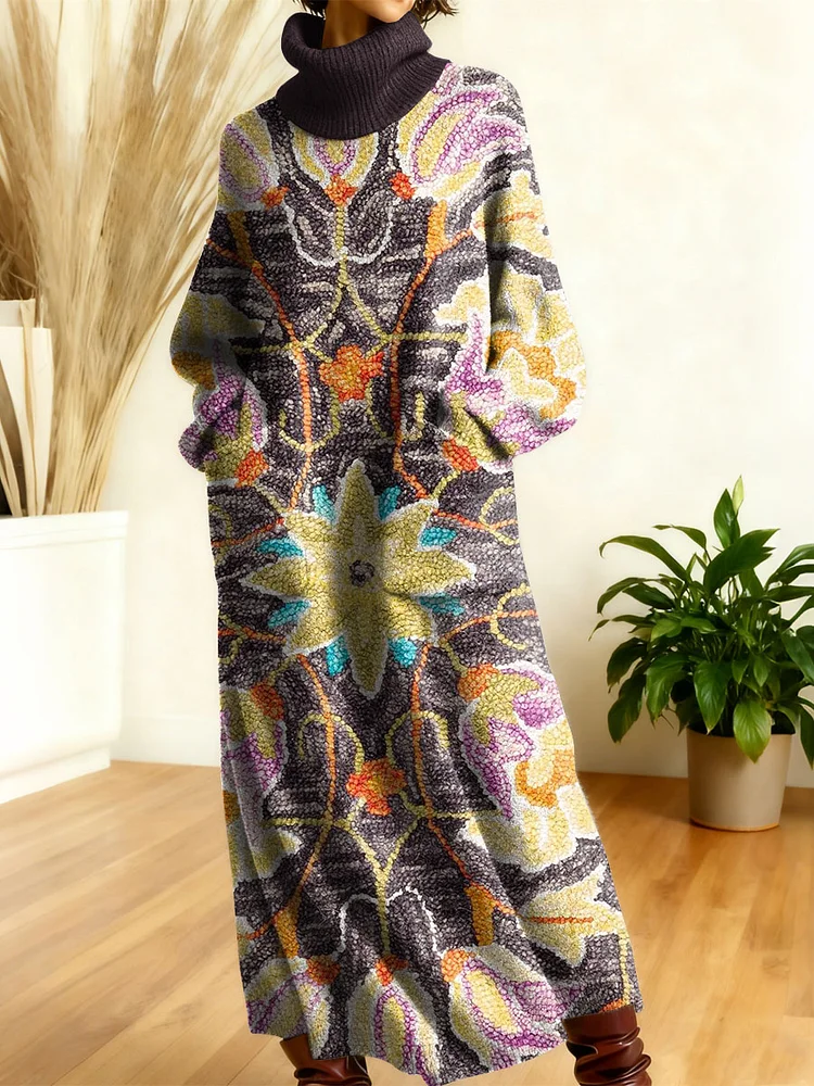 Women's Retro Flowers Geometric Patchwork High-neck Long-sleeve Casual Loose Knit Dress