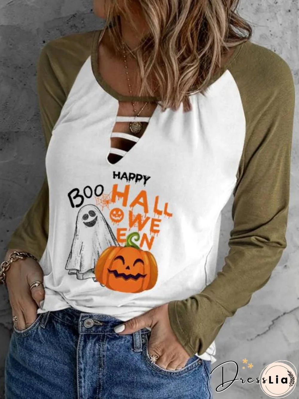 Raglan Sleeve Boo Happy Halloween Print Hollow Tee