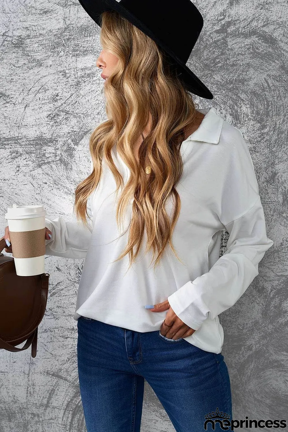White Turn-down V Neck Long Sleeve Top