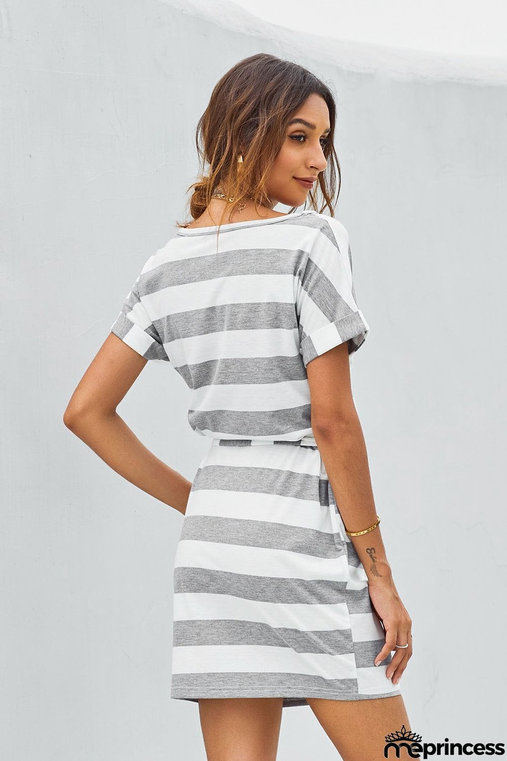 Classic Gray Stripes Pocketed Belt Short Sleeve Casual T-shirt Dress