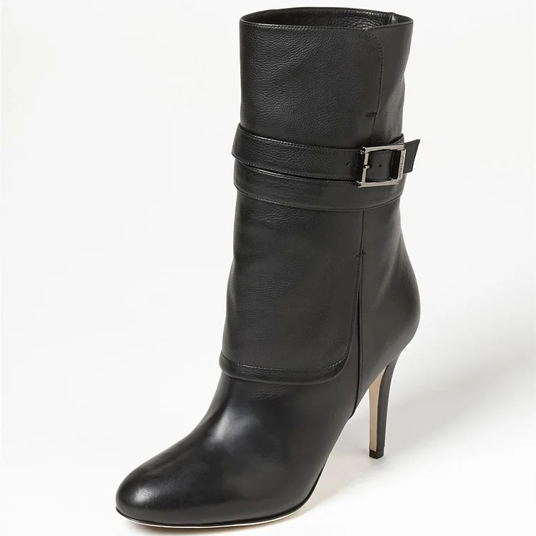 Black Round Toe Stiletto Ankle Boots with Comfortable Buckle Vdcoo