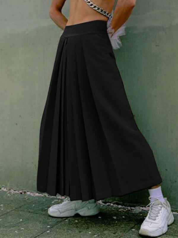 Aonga - Mens Solid Pleated High Waist Skirt