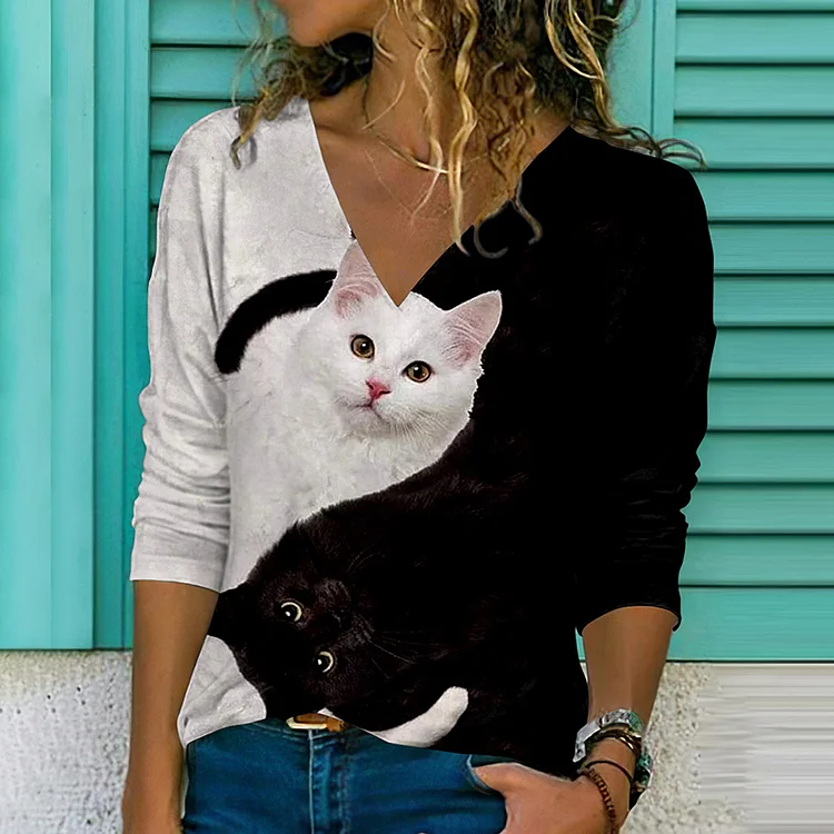 Vefave Cat Print V-Neck Long Sleeve T-Shirt