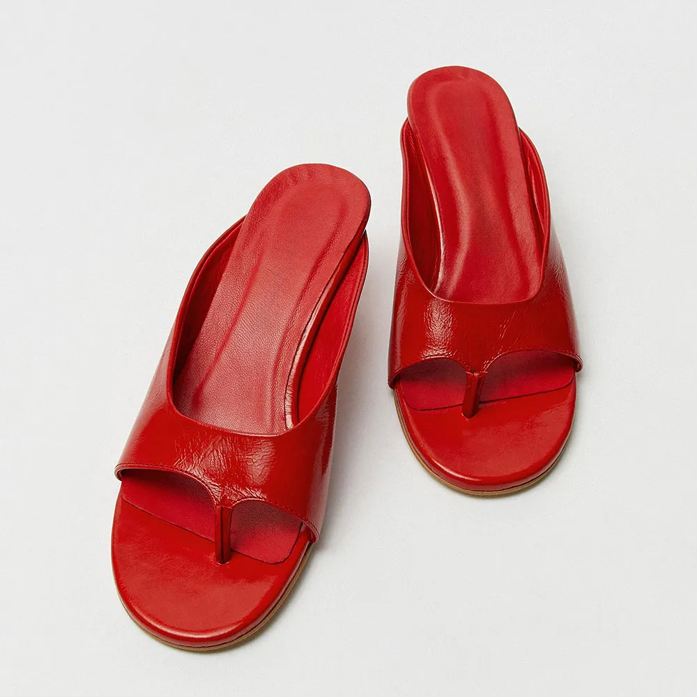 Red Faux Leather Round Toe Slip On Flip Flops Heeled Mules