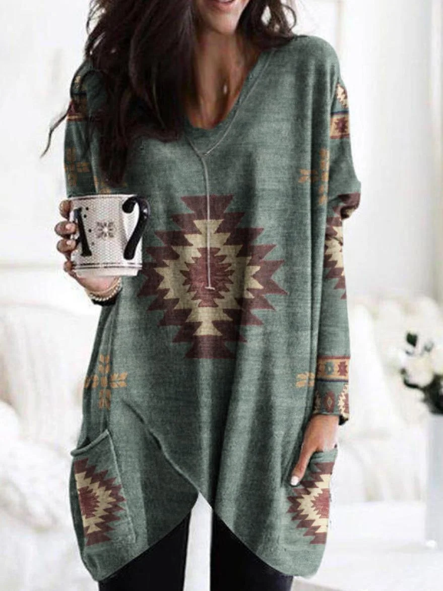 V-Neck Casual Loose Geometric Print Long Sleeve T-Shirt