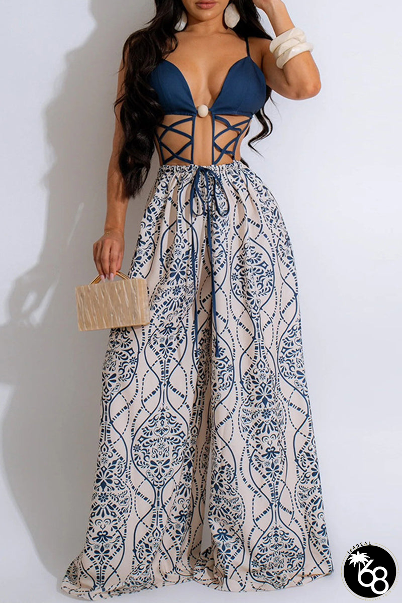 Sexy Print Hollow Out Patchwork Backless Spaghetti Strap Loose Jumpsuits | 168DEAL