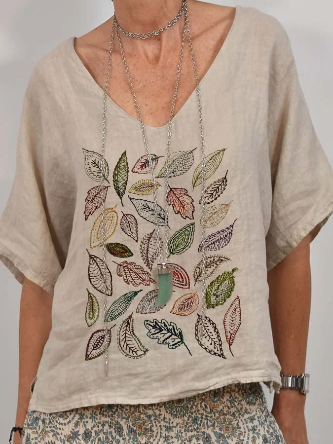 Women'S V-Neck Embroidered Leaf And Floral Print Linen Top