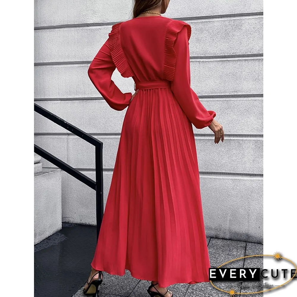 Red V Neck Pleated Tie Waist Swing Maxi Dress