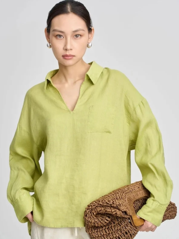 Linen V-Neck Long-Sleeved Loose Shirt