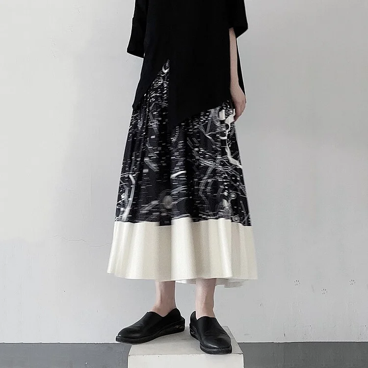 Elegant Contrast Color Tarot Plate Printed Pleated Skirt       