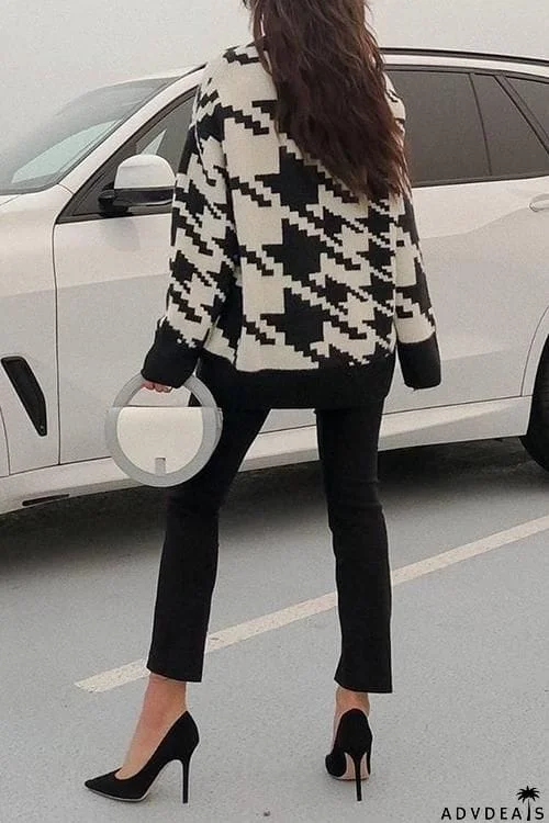 Houndstooth High Collar Sweater