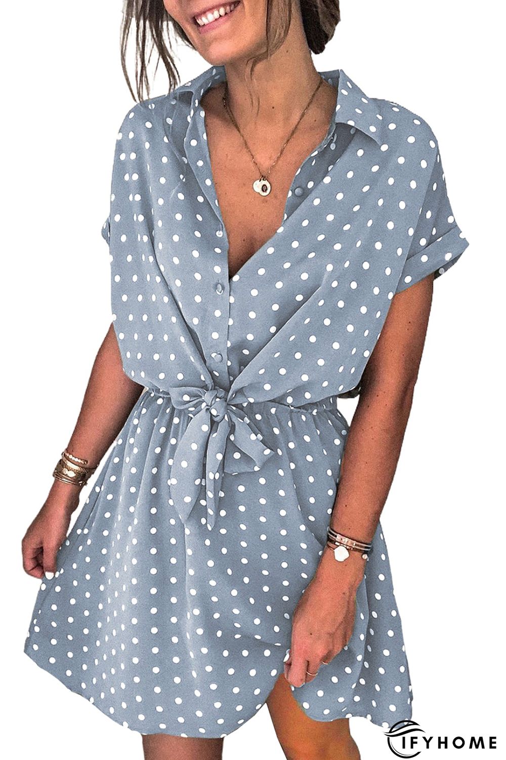 Polka Dot Shirt Collar Short Sleeve Mini Dress | IFYHOME
