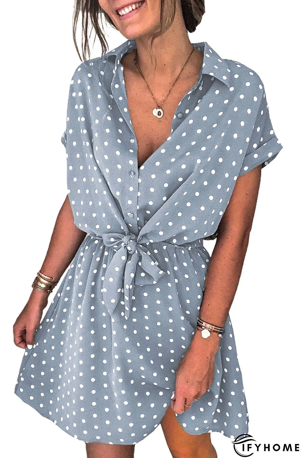 Polka Dot Shirt Collar Short Sleeve Mini Dress | IFYHOME