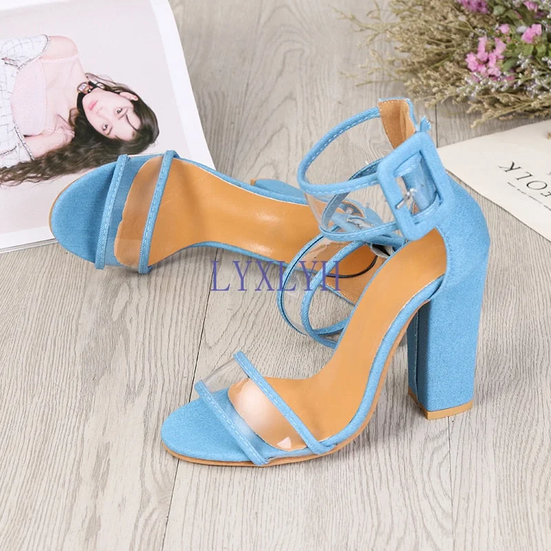 New Summer Transparent High-heeled Sandals Fashion Chunky Buckle Women's Shoes Big Size Wedding Shoes High Heels